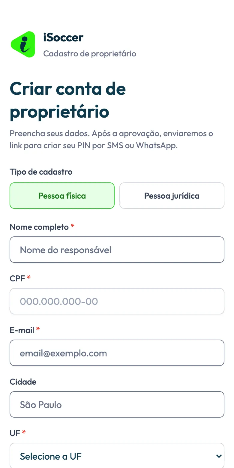 Formulário real de cadastro de proprietário no tema claro, com os campos em branco