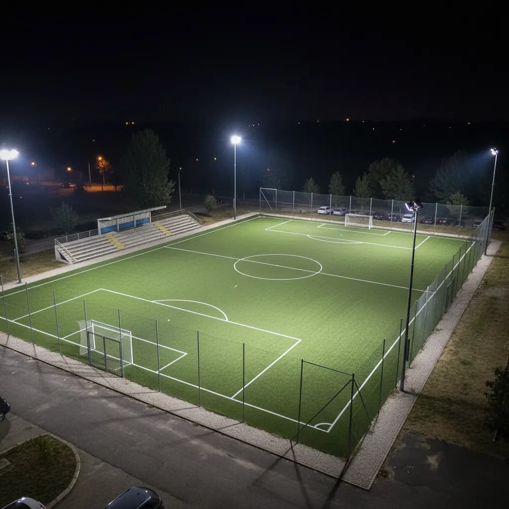 Grupo de jogadores entrando em uma quadra iluminada à noite, vistos de costas