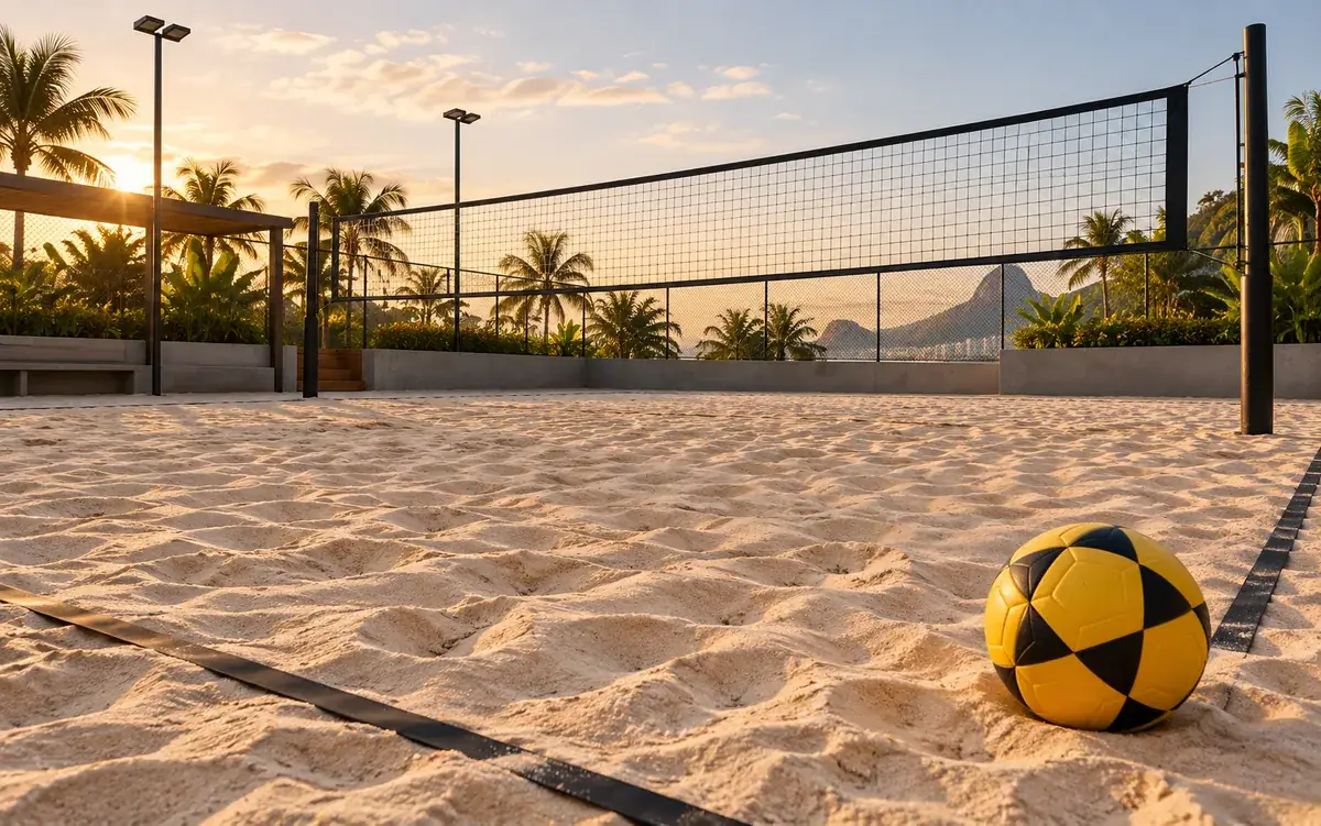 Ilustração de quadra de futevôlei na areia, com rede e bola amarela e preta