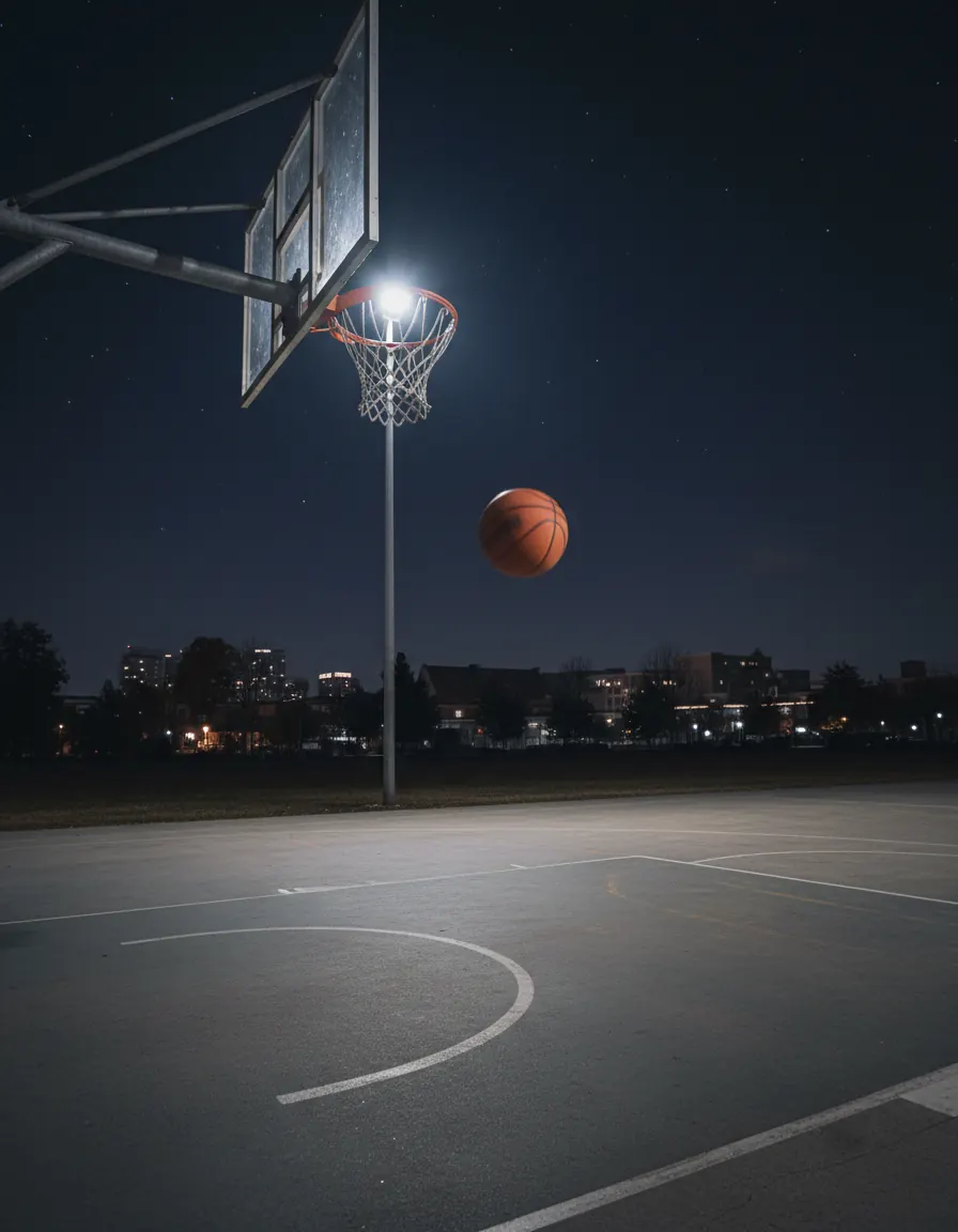 Quadra de basquete com tabela e aro iluminados à noite Quadra de basquete com tabela e aro iluminados à noite
