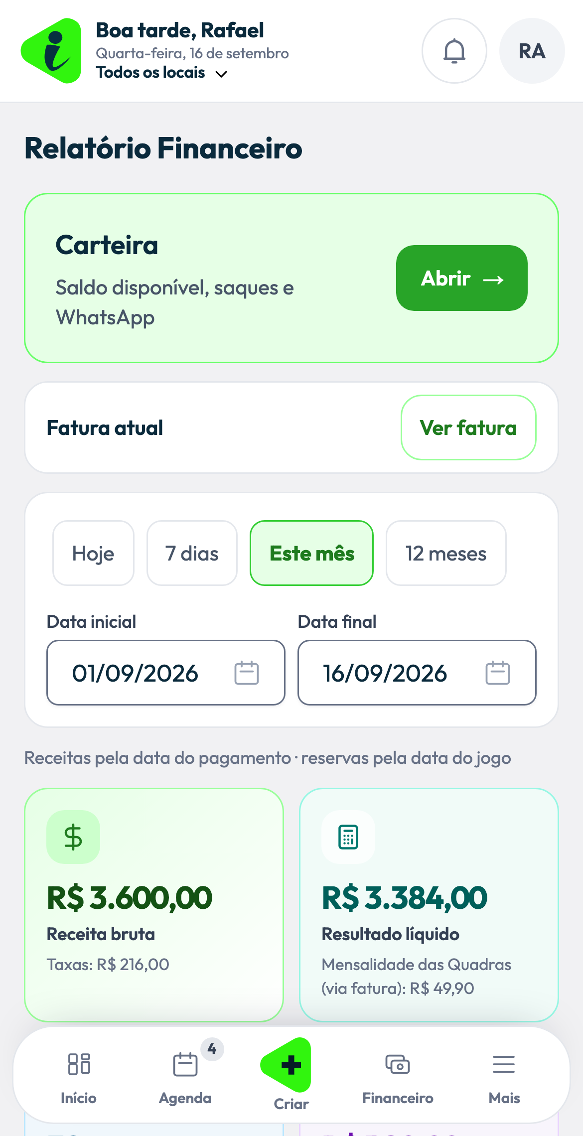 Financeiro do iSoccer Gestor no tema branco, com entradas, taxas e resultado das reservas